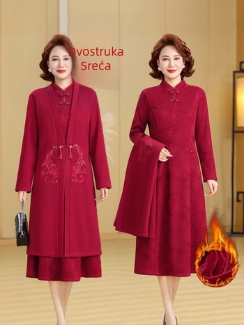 Elegantna haljina za svadbu s fleec podstavom, jesensko-zimska 2025, poliester materijal, otisak, midi duljina