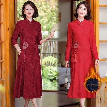 Haljina u kineskom stilu za zimu za majke, podstavljena i debela za toplinu, s dugim rukavima, elegantna modificirana qipao haljina za žene srednje i starije dobi