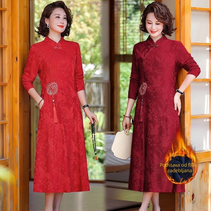 Haljina u kineskom stilu za zimu za majke, podstavljena i debela za toplinu, s dugim rukavima, elegantna modificirana qipao haljina za žene srednje i starije dobi