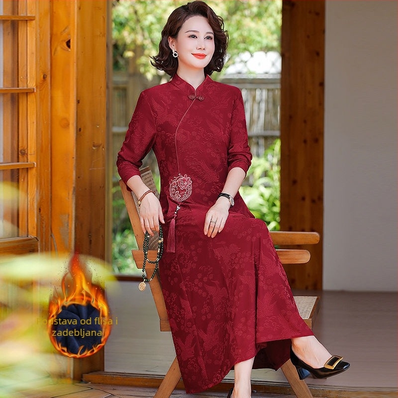 Haljina u kineskom stilu za zimu za majke, podstavljena i debela za toplinu, s dugim rukavima, elegantna modificirana qipao haljina za žene srednje i starije dobi