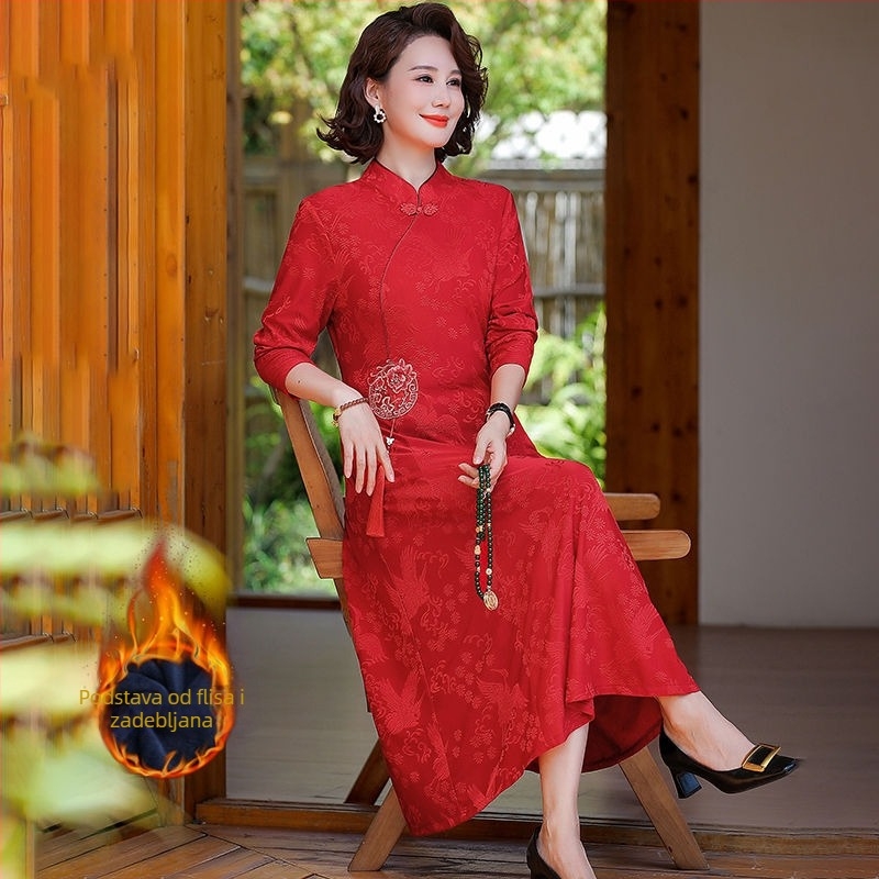 Haljina u kineskom stilu za zimu za majke, podstavljena i debela za toplinu, s dugim rukavima, elegantna modificirana qipao haljina za žene srednje i starije dobi