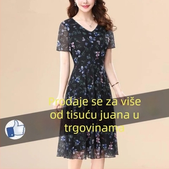 Cvjetna poliester midi haljina s V-izrezom, kratkim rukavima, visokim strukom i A-linijom kroja