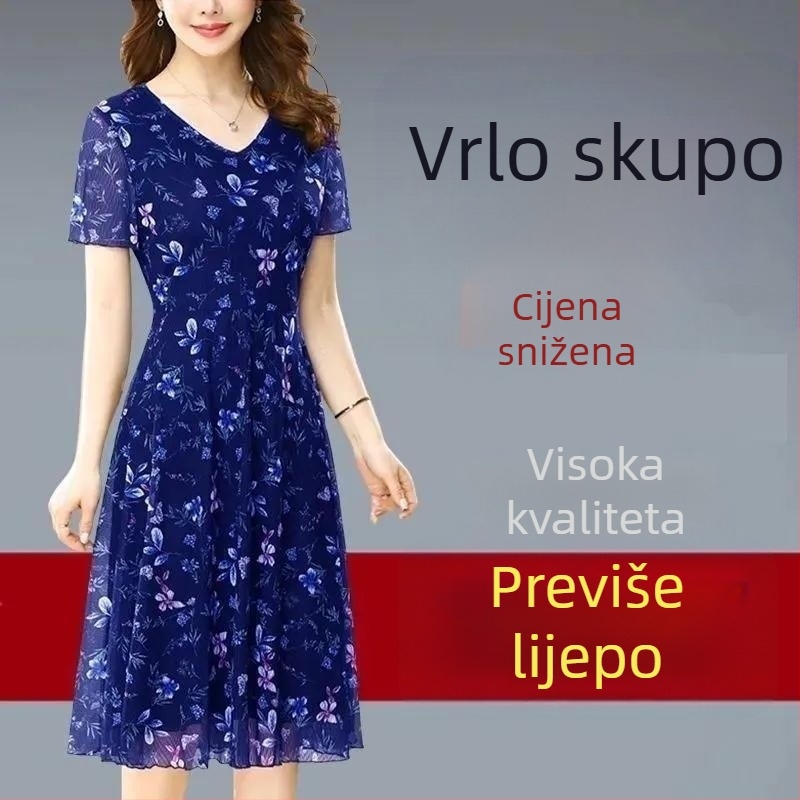 Cvjetna poliester midi haljina s V-izrezom, kratkim rukavima, visokim strukom i A-linijom kroja