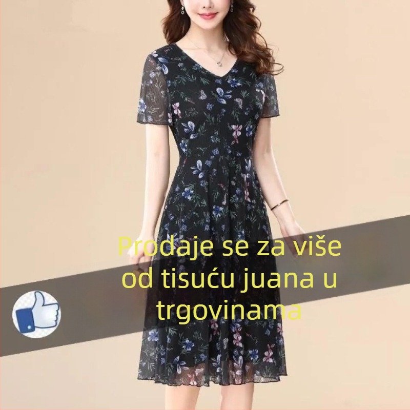 Cvjetna poliester midi haljina s V-izrezom, kratkim rukavima, visokim strukom i A-linijom kroja