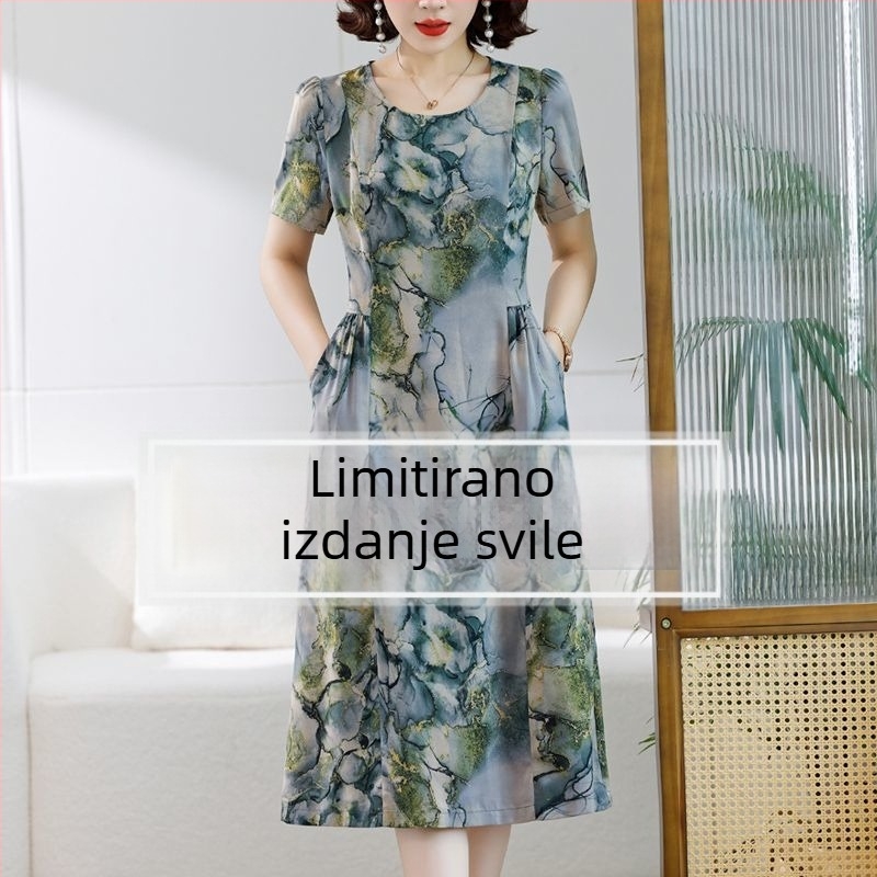 Haljina s naramenicama, midi dužine, okrugli izrez, kratki rukavi, književno retro stil