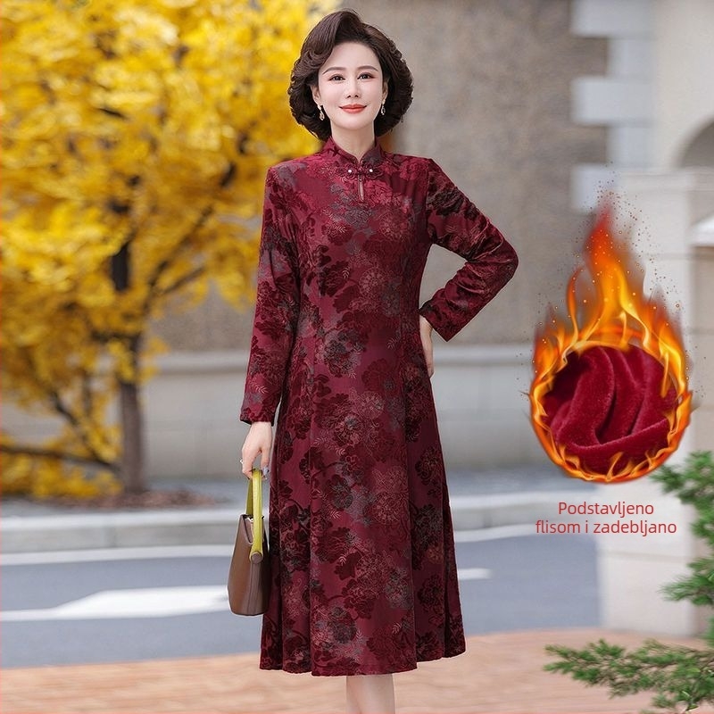 Zimski dvodijelni set od velura za zrelu ženu, vjenčani outfit, haljina do koljena