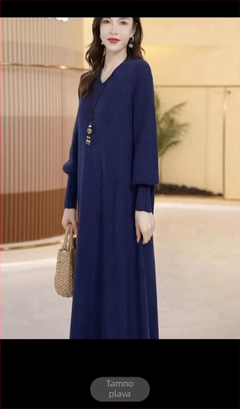 Pletena haljina s V-izrezom, akrilna tkanina, dugi rukav, A-linijski kroj, midi duljina