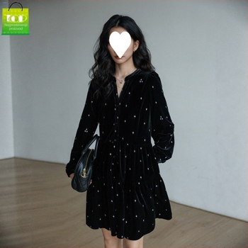 Haljina - francuskog stila, A-linijska silueta, dugi rukavi, poliester, 3D uzorak, digitalno tiskanje