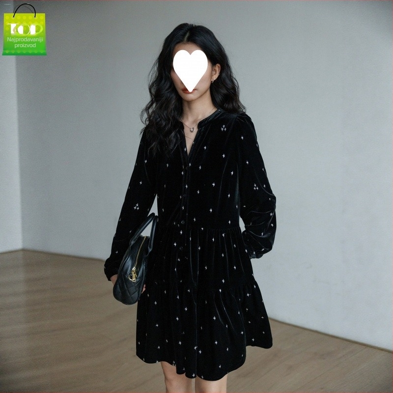 Haljina - francuskog stila, A-linijska silueta, dugi rukavi, poliester, 3D uzorak, digitalno tiskanje