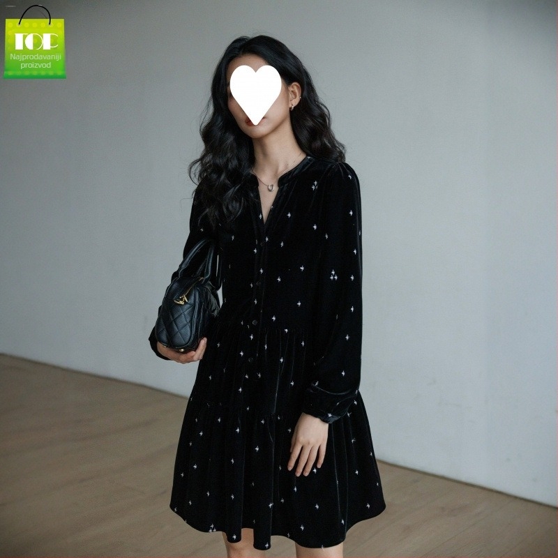 Haljina - francuskog stila, A-linijska silueta, dugi rukavi, poliester, 3D uzorak, digitalno tiskanje