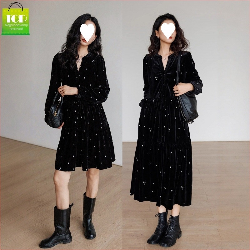 Haljina - francuskog stila, A-linijska silueta, dugi rukavi, poliester, 3D uzorak, digitalno tiskanje