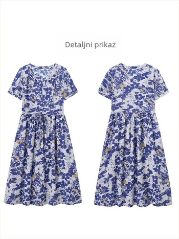 Haljina od pamuka i lana, srednje duljine, V-izrez, elastičan pojas, cvjetni uzorak