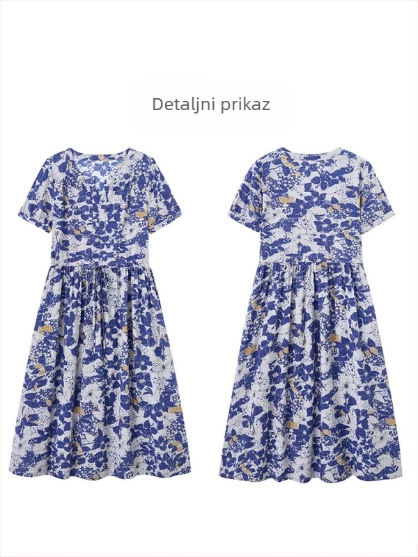 Haljina od pamuka i lana, srednje duljine, V-izrez, elastičan pojas, cvjetni uzorak