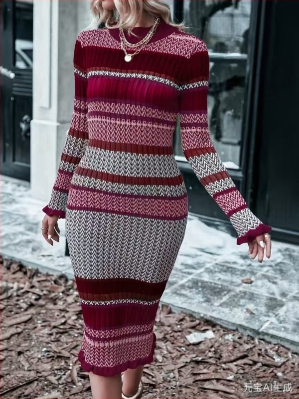 Novi jesen-zimski slim-fit pulover s blok boja i volanima na rubu, dugi rukavi, okrugli izrez