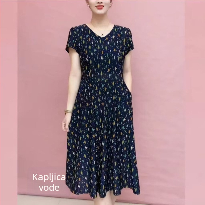 Ljetna široka haljina za sredovječne majke, udobna i moderna, prekriva trbuh, midi duljina, A-linija, V izrez, kratki rukav, elastičan pojas