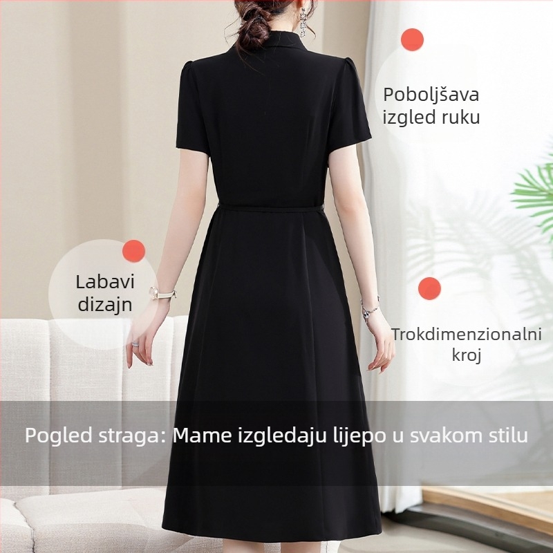 Ljetna midi haljina za zrele žene s plisiranom suknjom, zaklon trbuha, V-izrez, kratki rukavi, pulover stil