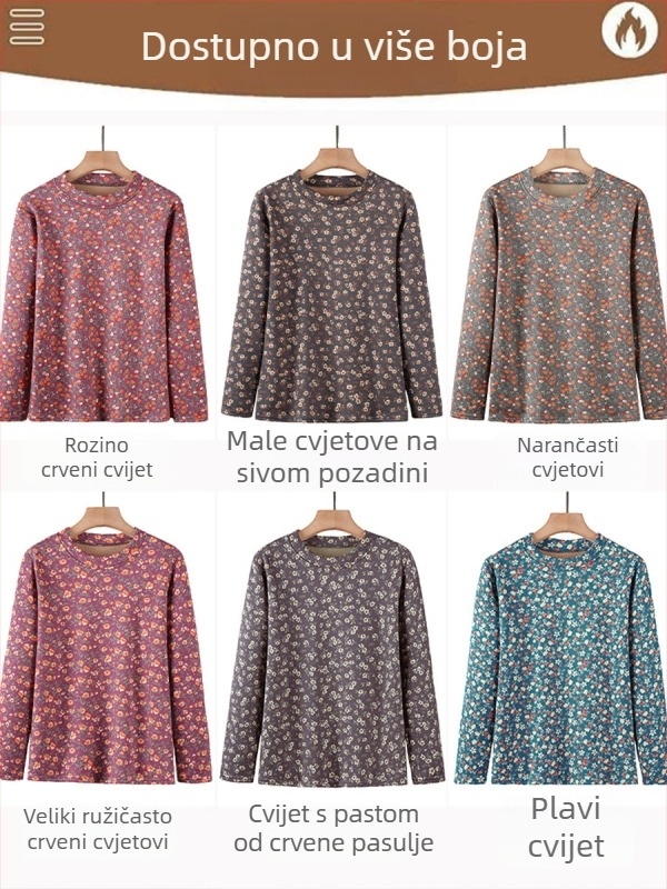 Ženski termalni donji sloj s dugim rukavima, okrugli vrat, cvjetni uzorak, poliester vlakno (>95%)