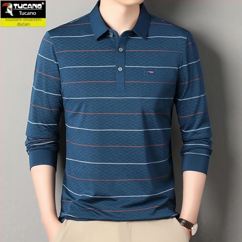 Polo majica s dugim rukavima i džepom za muškarce srednje dobi, pamuk mješavina, jesenski casual stil
