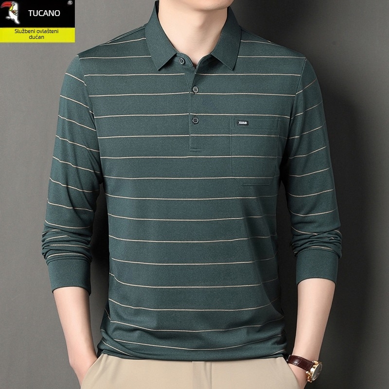 Polo majica s dugim rukavima i džepom za muškarce srednje dobi, pamuk mješavina, jesenski casual stil
