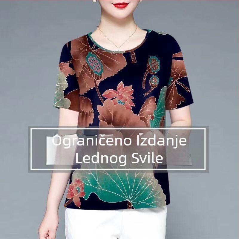 Ženski Ice Silk Top s kratkim rukavima, kružni vrat – tan pulover, casual stil, za žene srednje i starije dobi; Materijal: Ice Silk; Spandex 80–90%; Poliester