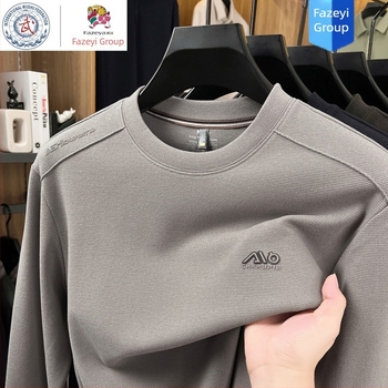 Hengyuanxiang Group muški dugi rukav T‑shirt od vune i svile, okrugli izrez, udoban kroj, s ušivenim geometrijskim uzorkom