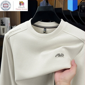 Hengyuanxiang Group muški dugi rukav T‑shirt od vune i svile, okrugli izrez, udoban kroj, s ušivenim geometrijskim uzorkom