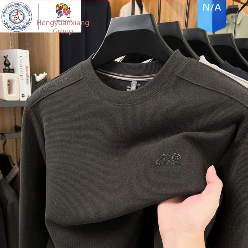 Hengyuanxiang Group muški dugi rukav T‑shirt od vune i svile, okrugli izrez, udoban kroj, s ušivenim geometrijskim uzorkom