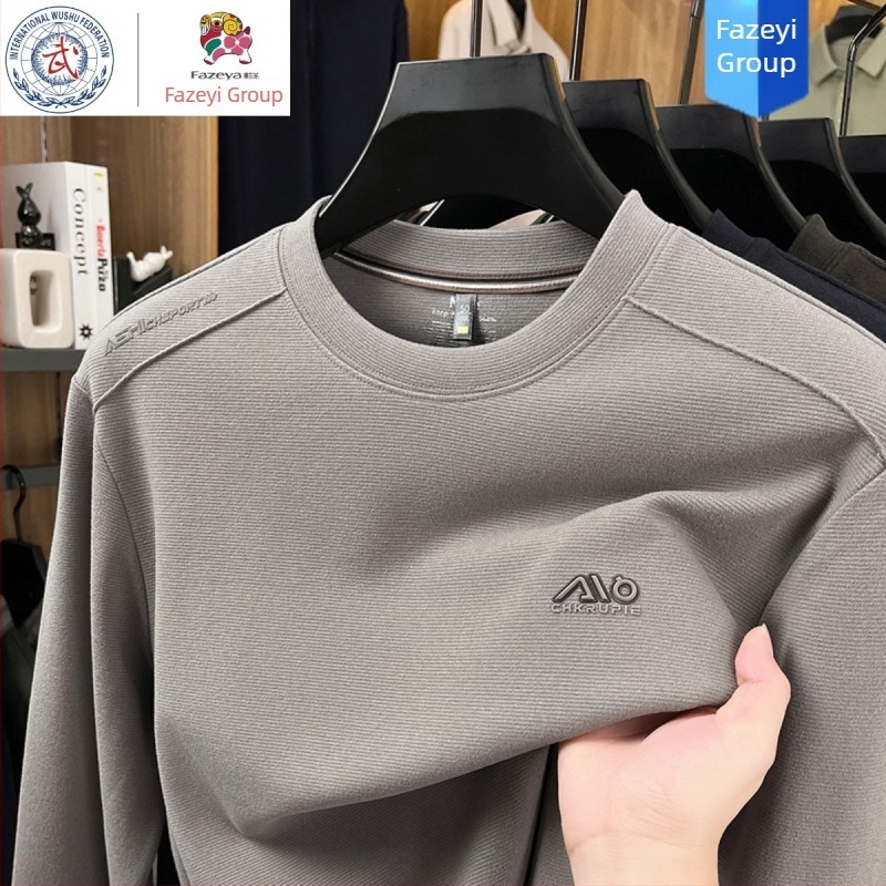 Hengyuanxiang Group muški dugi rukav T‑shirt od vune i svile, okrugli izrez, udoban kroj, s ušivenim geometrijskim uzorkom
