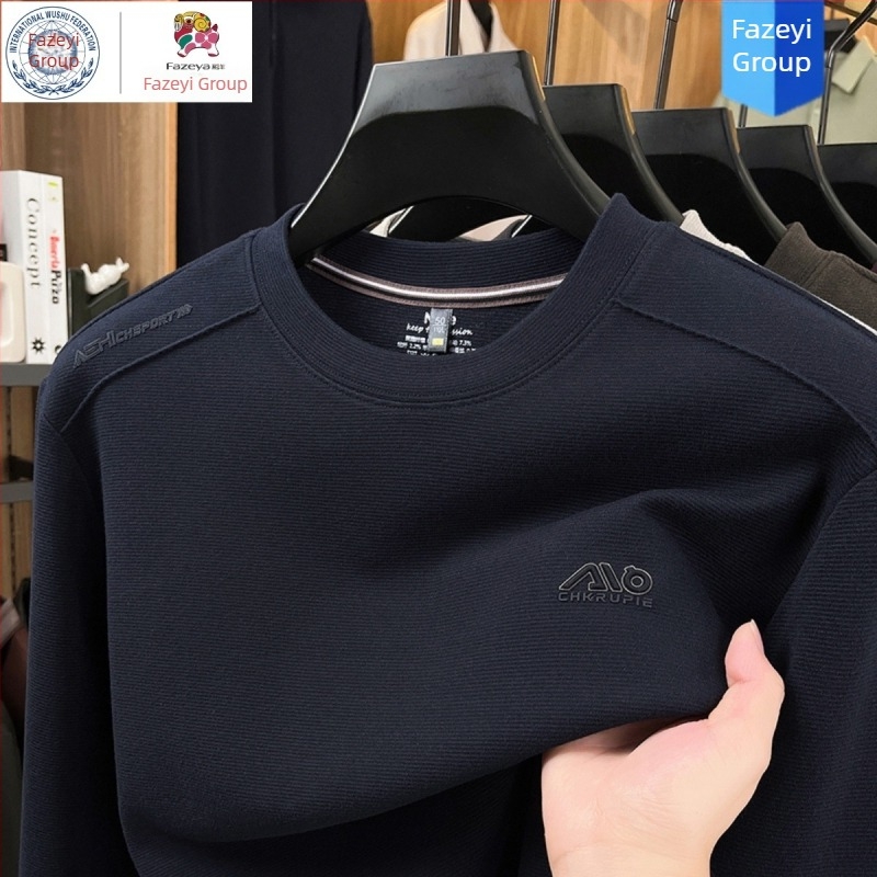 Hengyuanxiang Group muški dugi rukav T‑shirt od vune i svile, okrugli izrez, udoban kroj, s ušivenim geometrijskim uzorkom