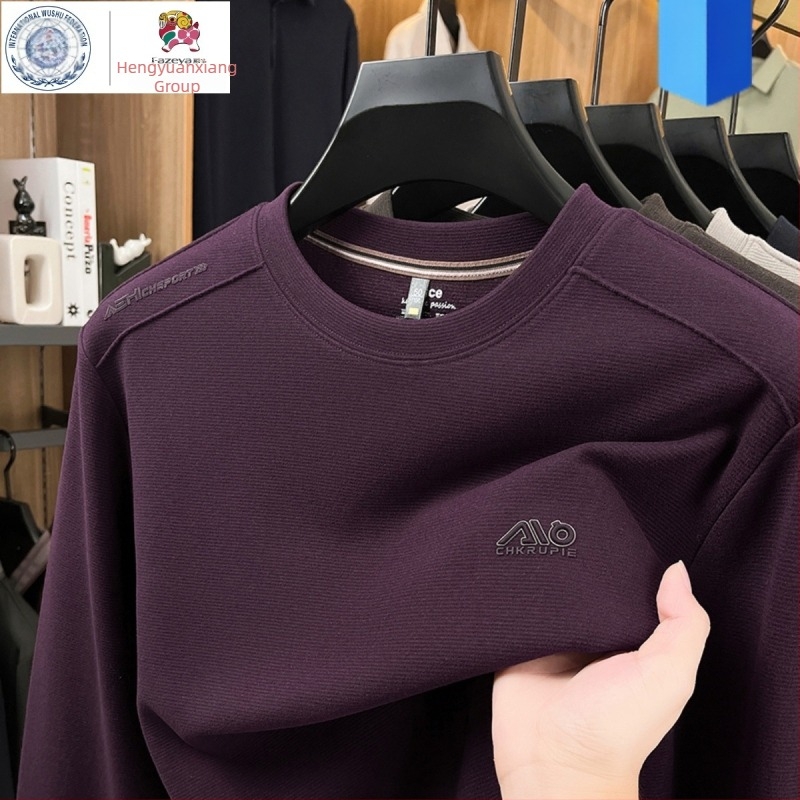 Hengyuanxiang Group muški dugi rukav T‑shirt od vune i svile, okrugli izrez, udoban kroj, s ušivenim geometrijskim uzorkom