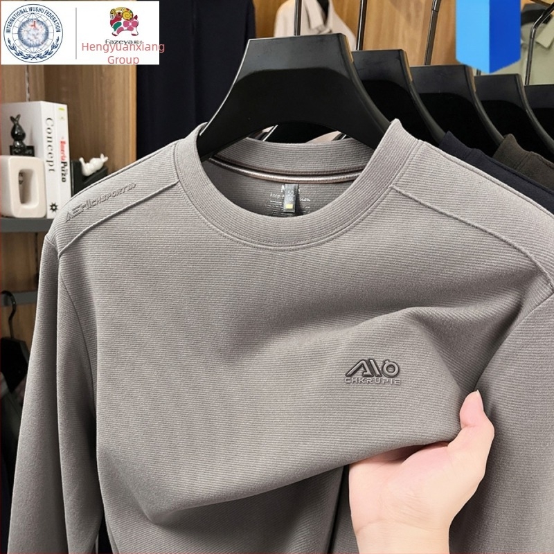 Hengyuanxiang Group muški dugi rukav T‑shirt od vune i svile, okrugli izrez, udoban kroj, s ušivenim geometrijskim uzorkom
