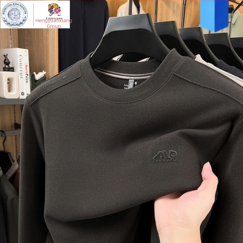 Hengyuanxiang Group muški dugi rukav T‑shirt od vune i svile, okrugli izrez, udoban kroj, s ušivenim geometrijskim uzorkom