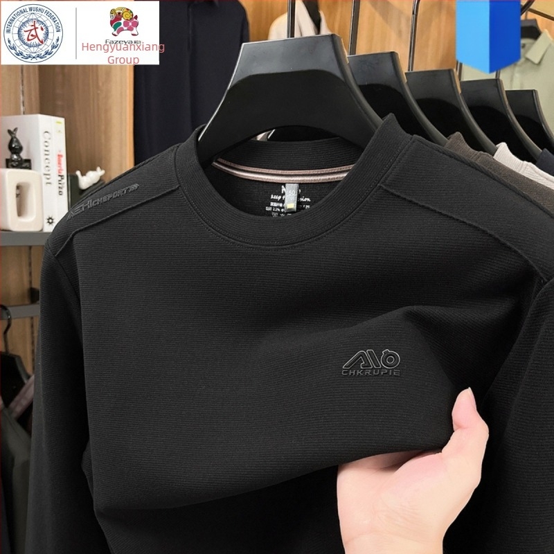Hengyuanxiang Group muški dugi rukav T‑shirt od vune i svile, okrugli izrez, udoban kroj, s ušivenim geometrijskim uzorkom