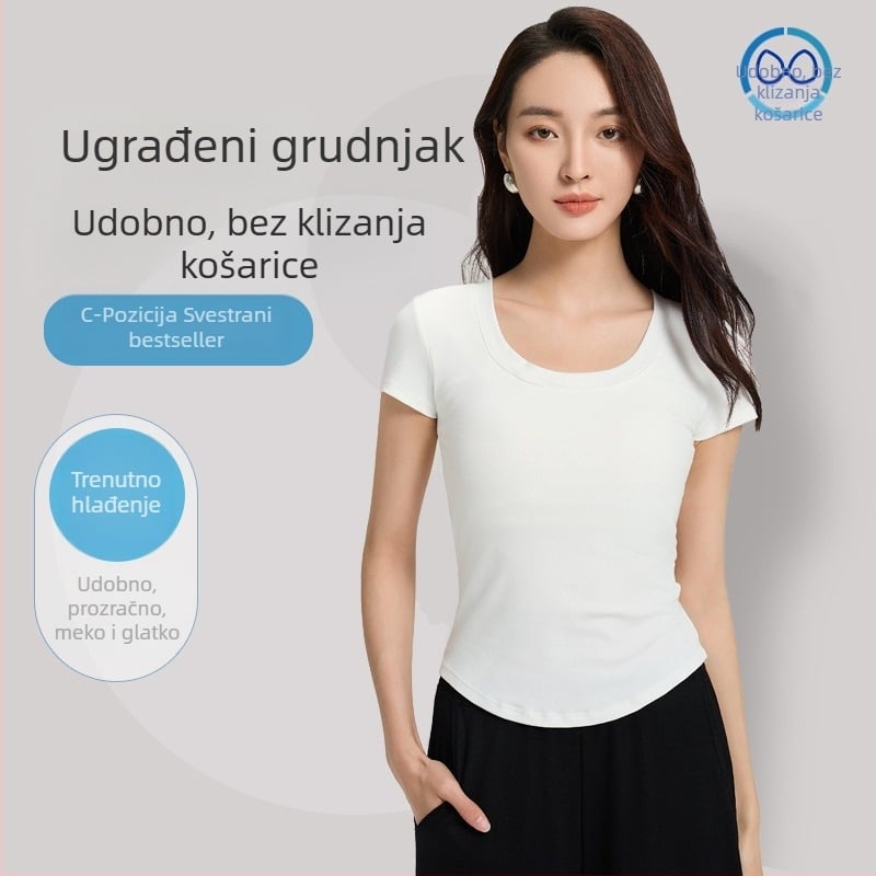 Ženski kratki T-shirt s ugrađenim jastučićima za prsa, lagani antibakterijski modalno-pamuk materijal, pogodan za nošenje bez grudnjaka, osnovni gornji dio