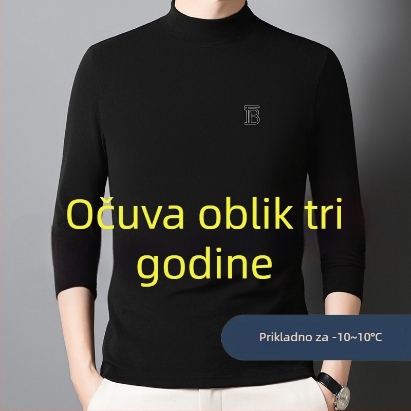 Muški T-shirt s dugim rukavima i polu-stojićim ovratnikom, dvostrano plišasti vuneno-svileni materijal, džakardno pletenje