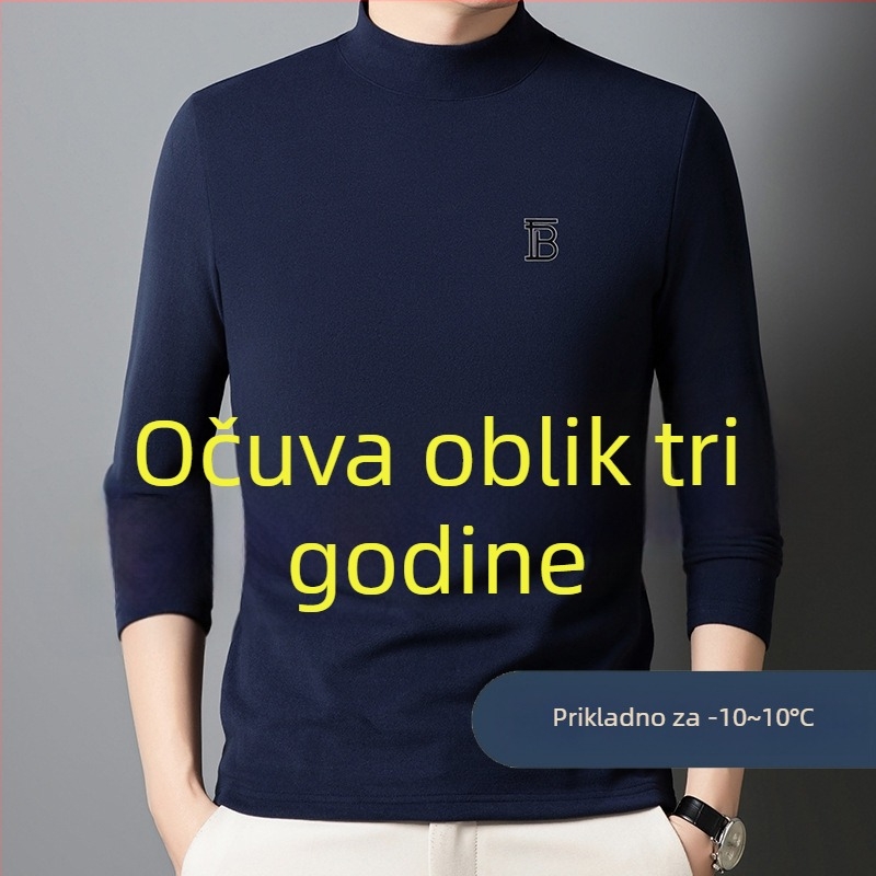 Muški T-shirt s dugim rukavima i polu-stojićim ovratnikom, dvostrano plišasti vuneno-svileni materijal, džakardno pletenje