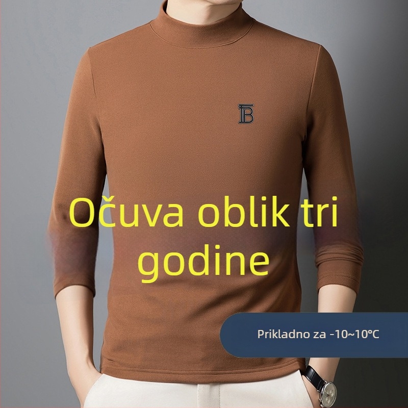 Muški T-shirt s dugim rukavima i polu-stojićim ovratnikom, dvostrano plišasti vuneno-svileni materijal, džakardno pletenje