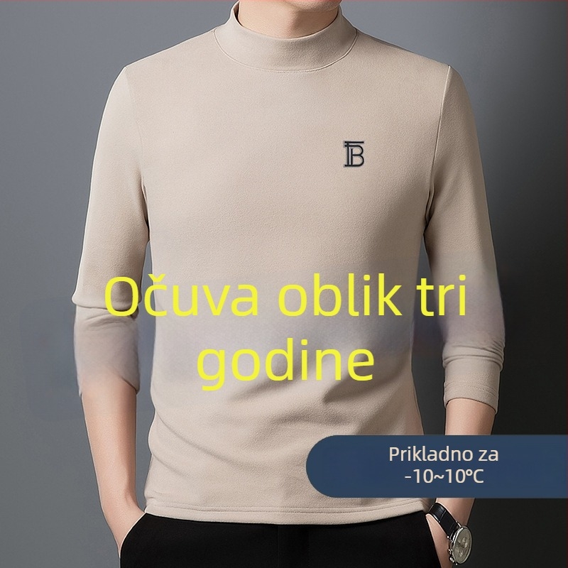 Muški T-shirt s dugim rukavima i polu-stojićim ovratnikom, dvostrano plišasti vuneno-svileni materijal, džakardno pletenje