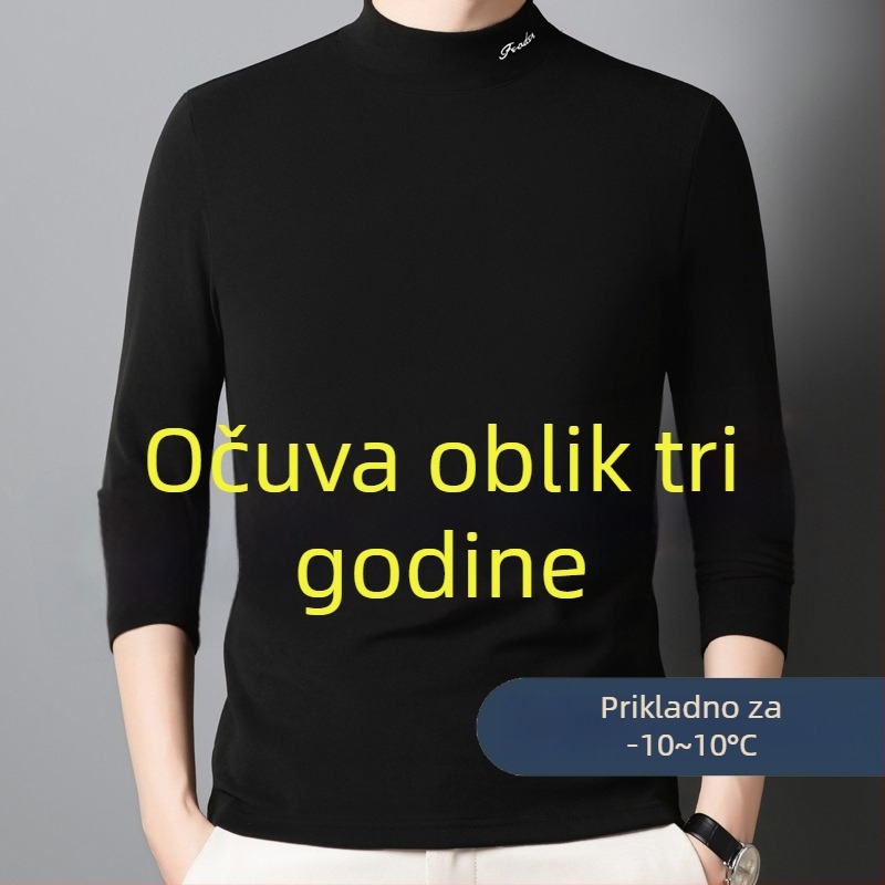 Muški T-shirt s dugim rukavima i polu-stojićim ovratnikom, dvostrano plišasti vuneno-svileni materijal, džakardno pletenje
