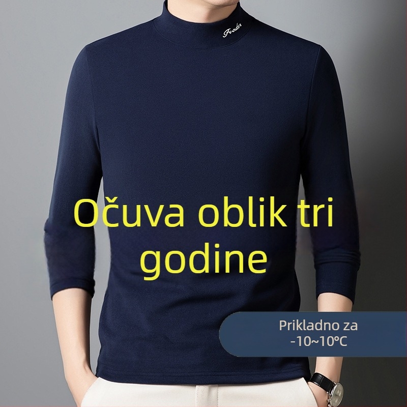 Muški T-shirt s dugim rukavima i polu-stojićim ovratnikom, dvostrano plišasti vuneno-svileni materijal, džakardno pletenje
