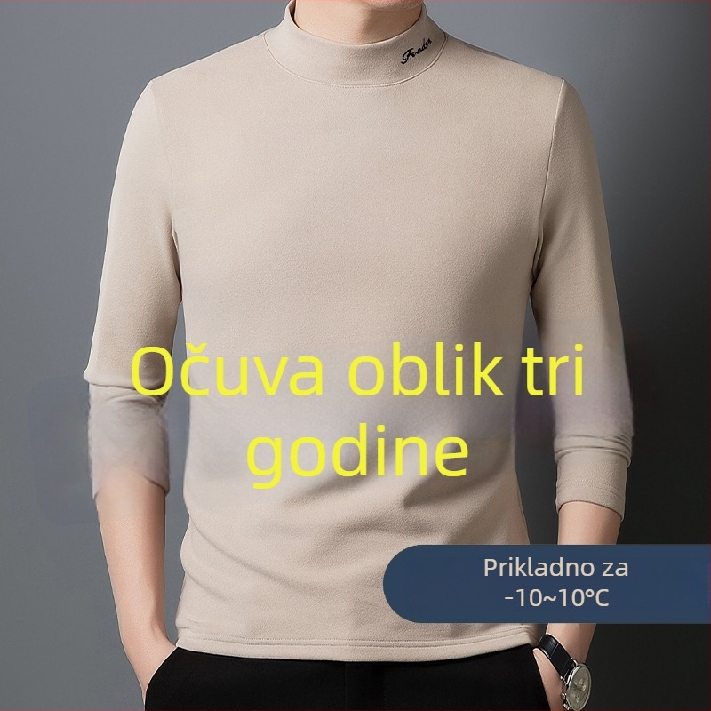 Muški T-shirt s dugim rukavima i polu-stojićim ovratnikom, dvostrano plišasti vuneno-svileni materijal, džakardno pletenje
