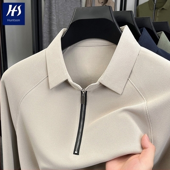 Muška majica s ovratnikom lapel i ukrasnim zatvaračem, dugi rukav, ravni kroj; 96,2% poliester + 3,8% elastan; prozračna, otporna na bore; proljeće-jesen; Hunterson