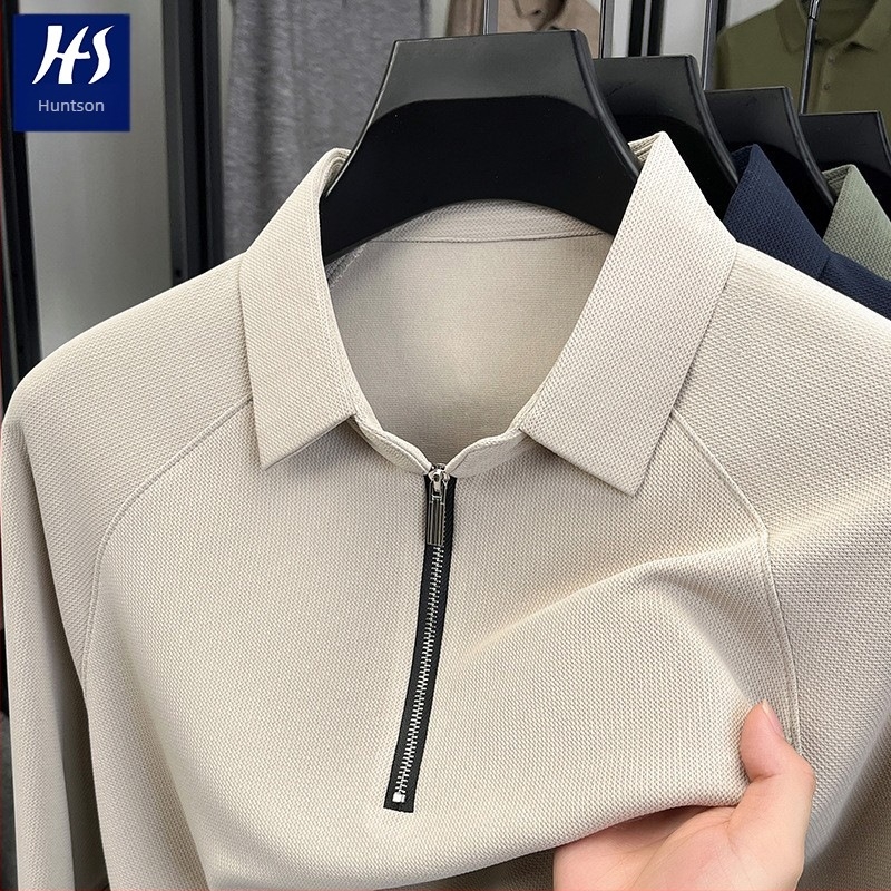 Muška majica s ovratnikom lapel i ukrasnim zatvaračem, dugi rukav, ravni kroj; 96,2% poliester + 3,8% elastan; prozračna, otporna na bore; proljeće-jesen; Hunterson