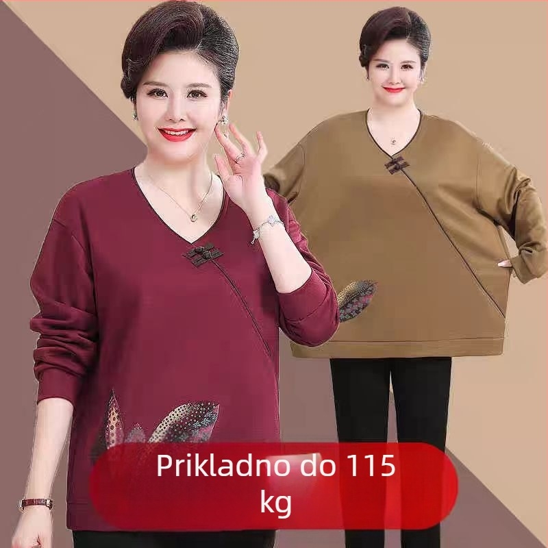 Top s V izrezom, dugi rukavi, slobodan kroj za sredovječne žene, cvjetni uzorak, srednja duljina, Tr fabric 80-90% Drugo i do 30% Spandex, Jesen 2024