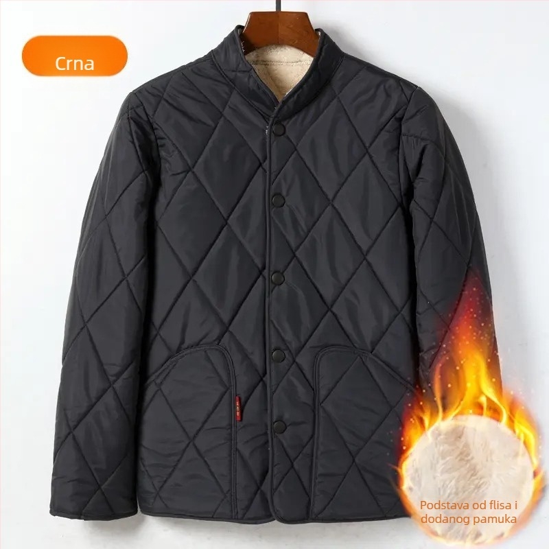 Muški pamučni kaput s fleece podstavom, debela zimska jakna, opuštena krojena, jednoredno kopčanje, stojeći ovratnik, sherpa podstava, patch džepovi, jednobojna