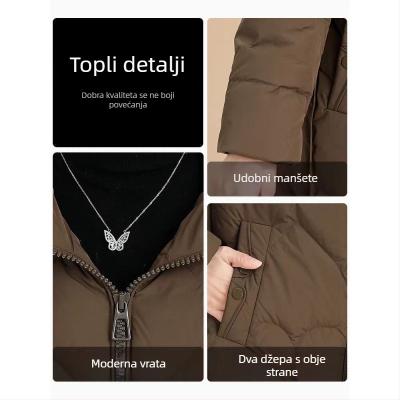 Ženski dugi kaput s kapuljačom, najlonski materijal, punjenje od silk-cotton, zatvarač, zima 2024