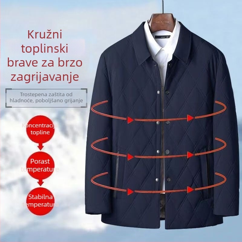 Zimska jakna od pamuka za muškarce srednje dobi i starije – kardigan stil, ležerni kroj, jednostruko kopčanje, rever, vatelin, džepovi sa zipom, ravni donji rub