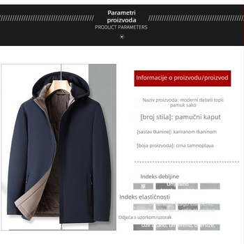 Muška zimska jakna s kapuljom, punjena pamukom, vanjska tkanina poliester, podstava poliester 90%, zatvarač