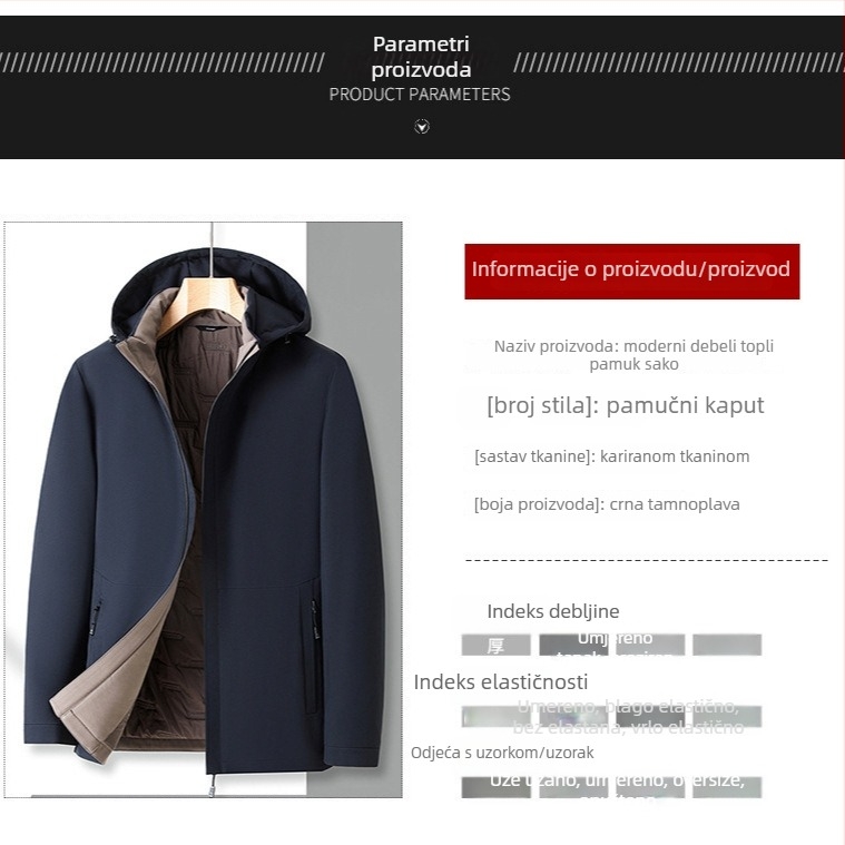 Muška zimska jakna s kapuljom, punjena pamukom, vanjska tkanina poliester, podstava poliester 90%, zatvarač