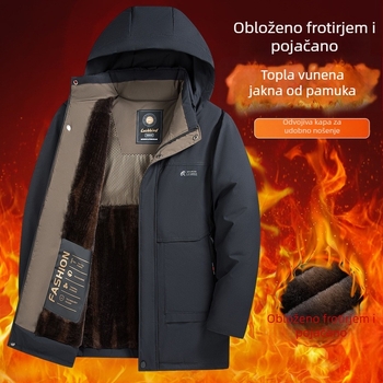 Muška pamučna puffer jakna za muškarce srednje dobi i starije, s flis podstavom, debela i topla, kapuljača, stojeći ovratnik i zatvarač sprijeda
